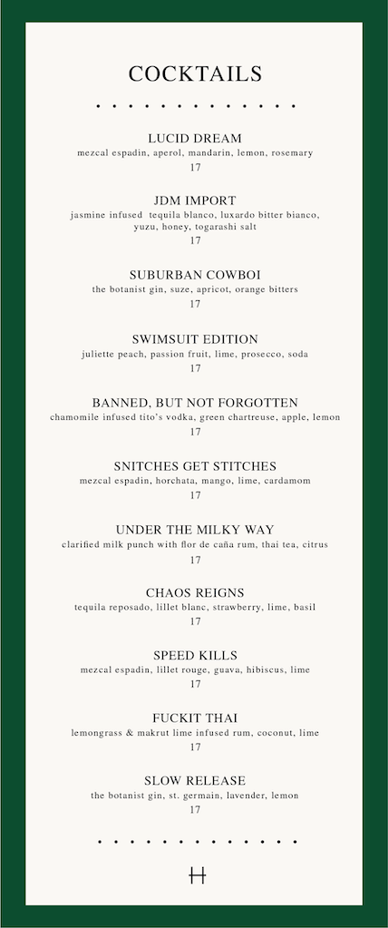 Bar Henry Cocktail Menu