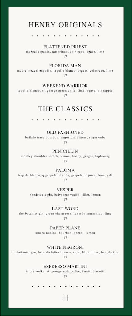 Bar Henry Cocktail Menu