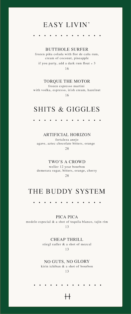 Bar Henry Cocktail Menu