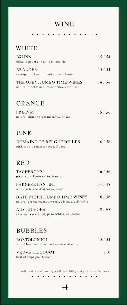 Bar Henry Cocktail Menu
